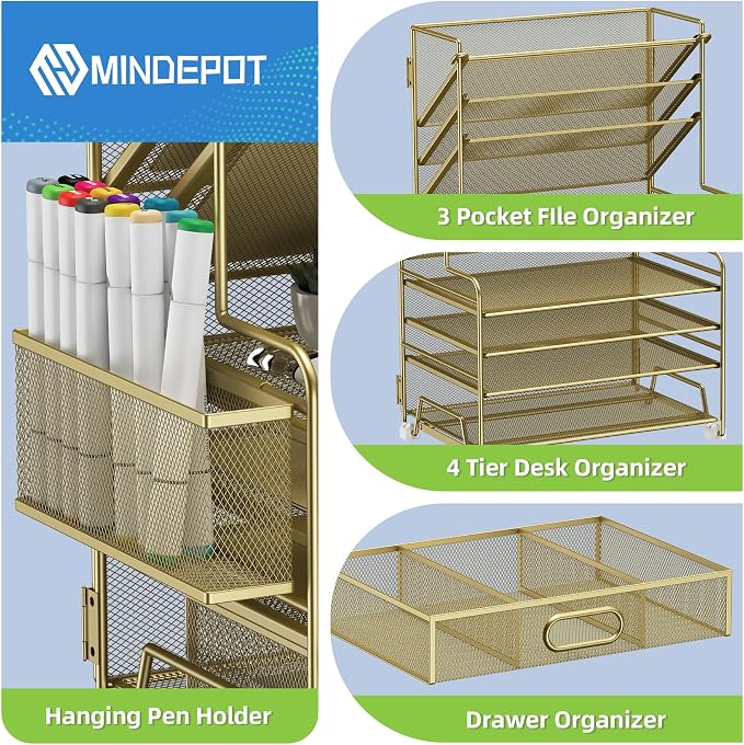 MINDEPOT 4-Tier Paper Organizer + 3-Pocket File Holder + Drawer + Pen Holders - Image 3