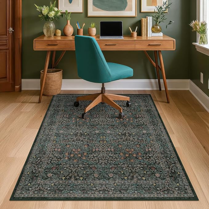 Vintage Floral Dark Green Office Chair Mat - Image 3