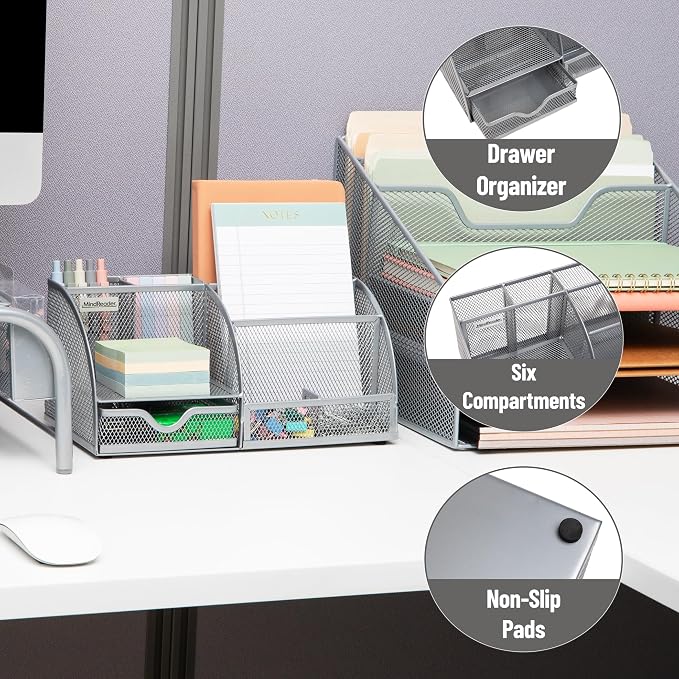 Mind Reader 7-Compartment Desktop Organizer, Metal Mesh Desk Organizer - Image 4