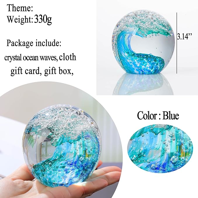 Qianwei Ocean Waves Hand Blown Glass Decor Crystal Ball Sea Figurines Gifts | - Image 3