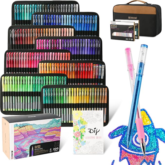 ZSCM 400 Pack Gel Pens for Adult Coloring Book, 200 Artist Colored Pens by ZSCM