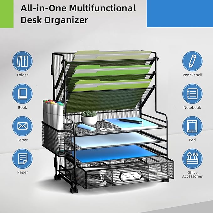 MINDEPOT 4-Tier Paper Organizer + 3-Pocket File Holder + Drawer + Pen Holders - Image 4