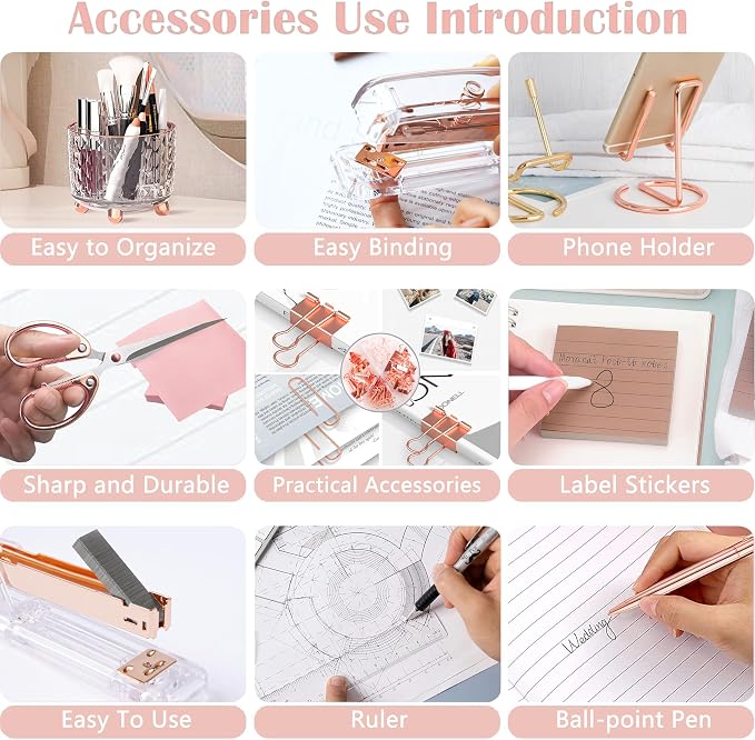 Rose Gold Desk Accessories, Office Supplies Desk Organizers 360°Pen Holder - Image 5