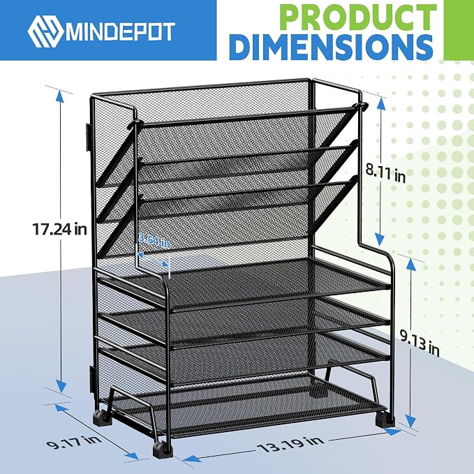 MINDEPOT 4-Tier Paper Organizer + 3-Pocket File Holder + Drawer + Pen Holders - Image 2