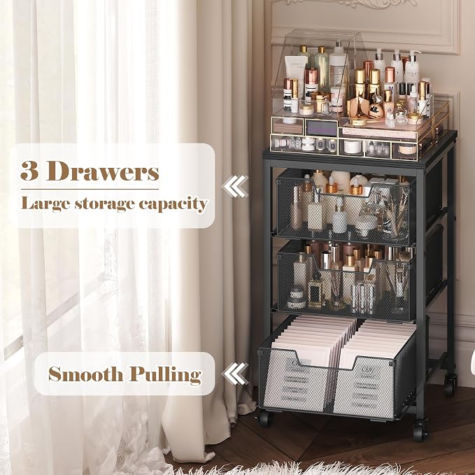 Under Desk Storage Cart with Lockable Wheels, 3-Drawer Rolling Storage Cart - Image 7