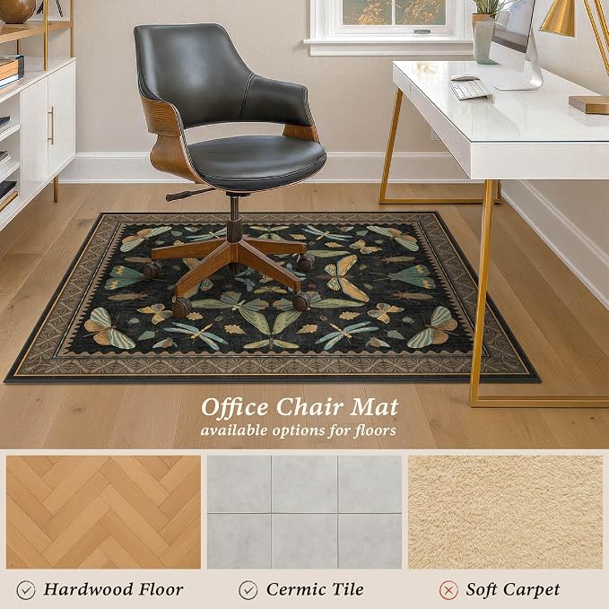 3'x4' Black Office Chair Mat for Hardwood Floors, Insect Boho Design, Non-Slip - Image 4