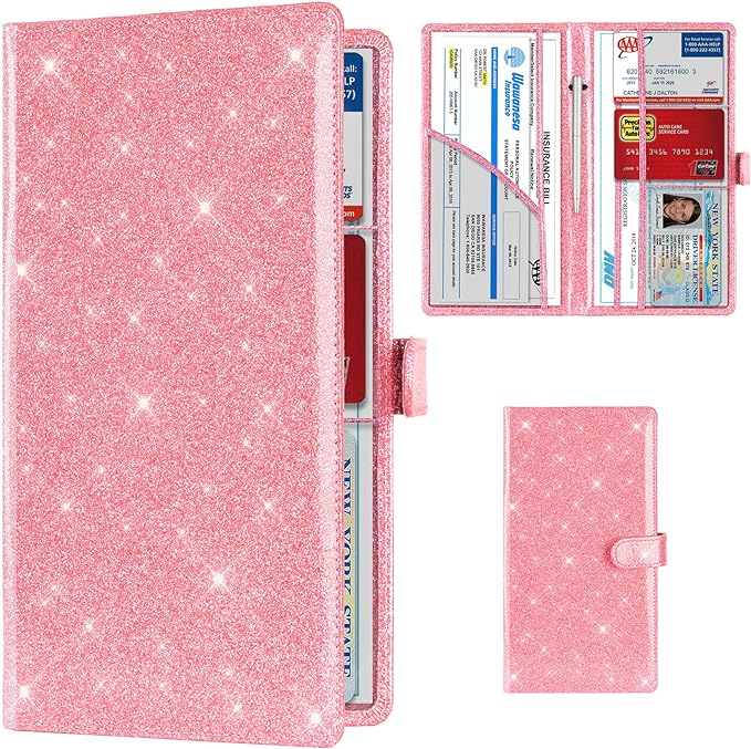 TOURSUIT Car Registration and Insurance Card Holder, Glitter Pink | Vehicle by TOURSUIT
