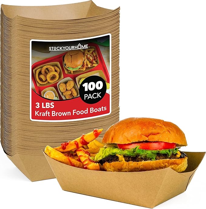 100 Pack 3-Lb Brown Kraft Paper Food Trays, Extra Large Disposable Concession by StockYourHome