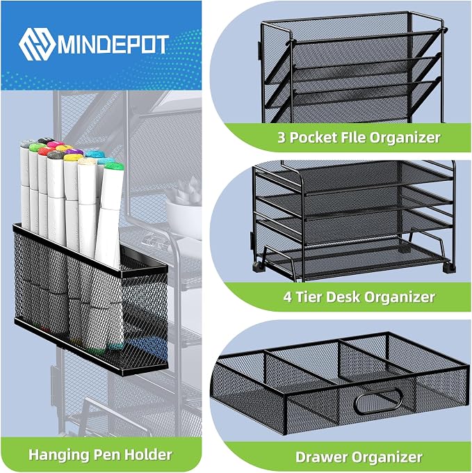 MINDEPOT 4-Tier Paper Organizer + 3-Pocket File Holder + Drawer + Pen Holders - Image 4