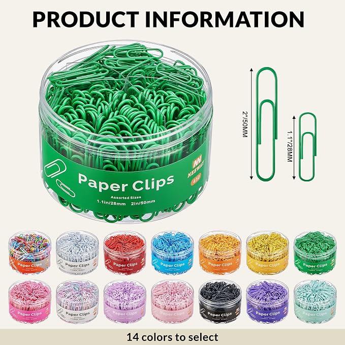 NEEWAY 450pcs Paper Clips Assorted Sizes, Small and Large Paper Clips, Coated - Image 2