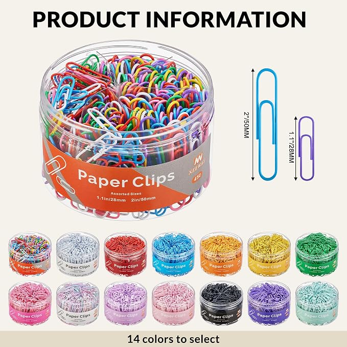 NEEWAY 450pcs Paper Clips Assorted Sizes, Small and Large Paper Clips, Coated - Image 2