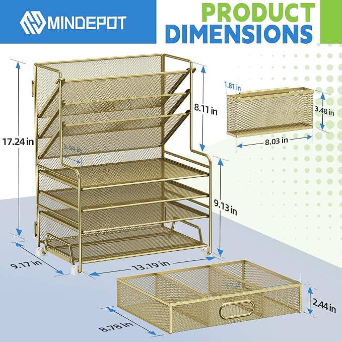MINDEPOT 4-Tier Paper Organizer + 3-Pocket File Holder + Drawer + Pen Holders - Image 2