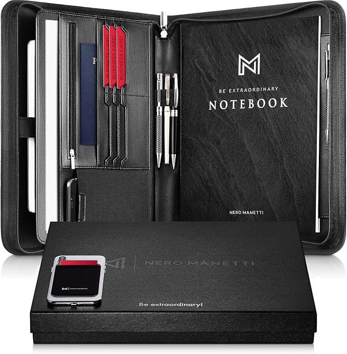 NERO MANETTI- Zippered Vegan Leather Padfolio/Portfolio Pad Holder-Business PU by Nero+Manetti