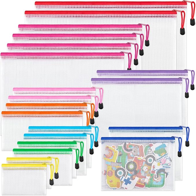 JARLINK 20 Pack 8 Sizes Mesh Pouch, 9 Colors, Waterproof Zipper File Bags by JARLINK