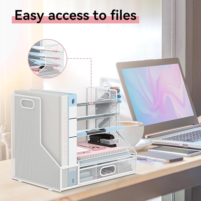 SUPEASY Desk Organizer with File Holder, 5-Tier Mesh Paper Letter Tray and 3 - Image 3