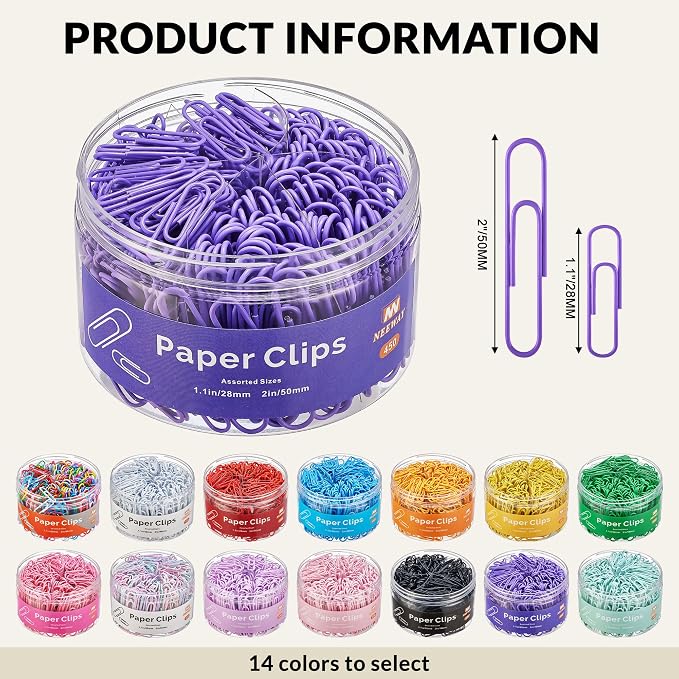 NEEWAY 450pcs Paper Clips Assorted Sizes, Small and Large Paper Clips, Coated - Image 2