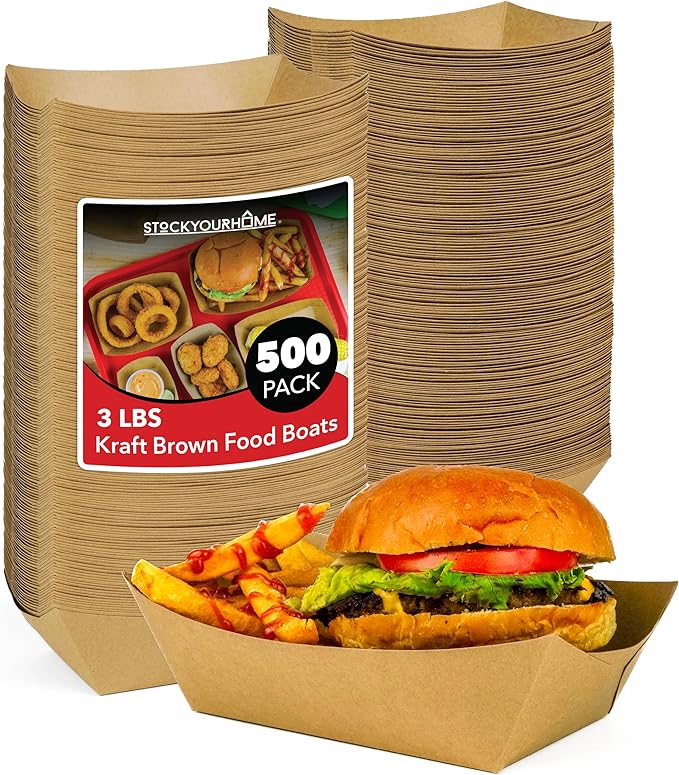 Stock Your Home [500 Pack Extra Large Disposable Brown Kraft Paper Food Trays by StockYourHome
