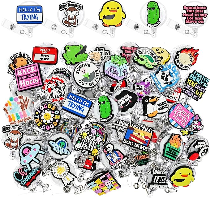 50 Pack Funny Retractable Badge Reel Holder Fun Humorous PVC ID Badge Reels by YEALQUE