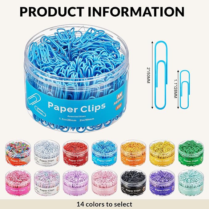 NEEWAY 450pcs Paper Clips Assorted Sizes, Small and Large Paper Clips, Coated - Image 2