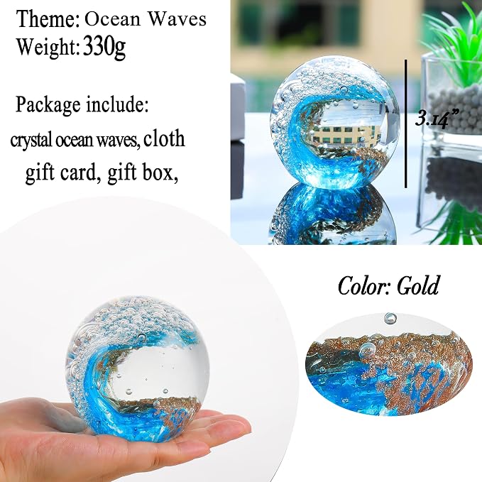 Qianwei Ocean Waves Hand Blown Glass Decor Crystal Ball Sea Figurines Gifts | - Image 5