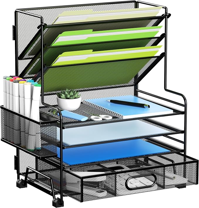MINDEPOT 4-Tier Paper Organizer + 3-Pocket File Holder + Drawer + Pen Holders by MINDEPOT