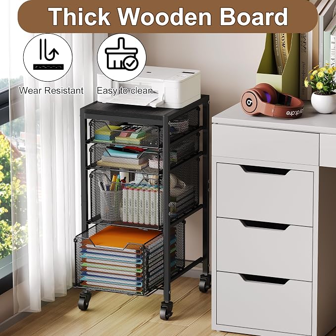 Slim Rolling Storage Cart with Drawers, Under Desk Storage with Wooden Tabletop - Image 5