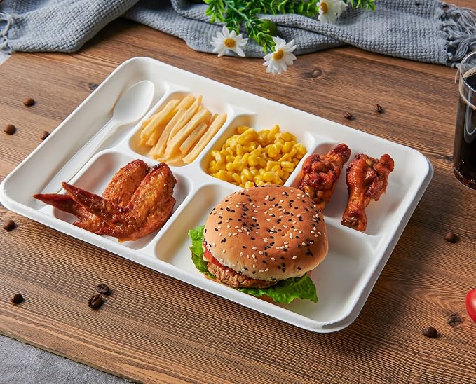 Vplus 100% Compostable 6 Compartment Plates, 90 Pack Compartment Paper Plate - Image 2