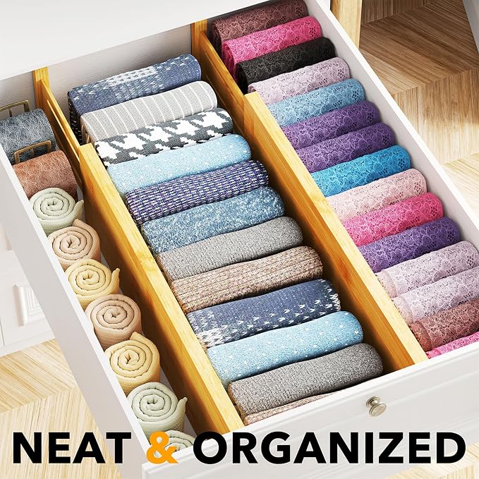 SpaceAid Bamboo 4 Pack Dresser Drawer Dividers, 4.65“ High Adjustable 17“-22” - Image 2