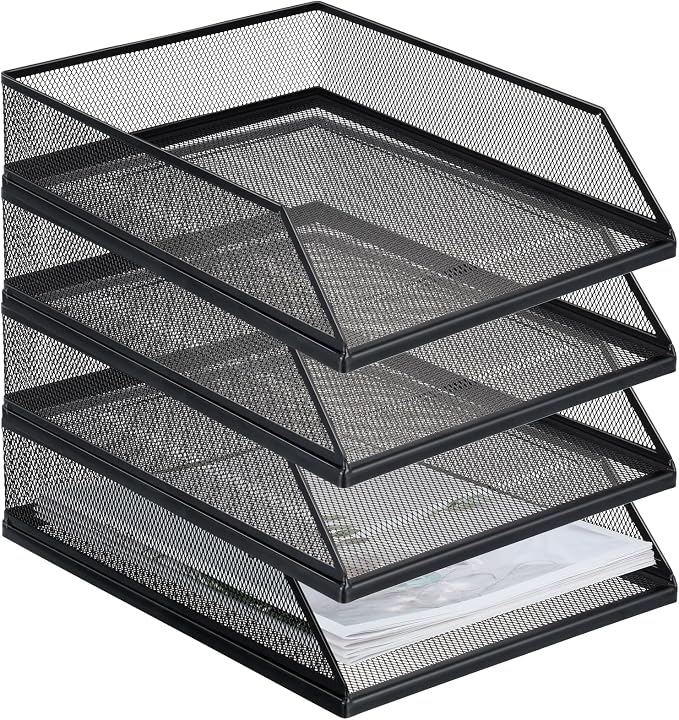 Hicarer 4 Pcs Black Metal Letter Tray Stackable Desk Tray Single Wire Mesh by Hicarer