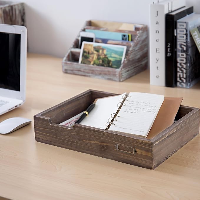 MyGift Set of 2 Vintage Distressed Finish Brown Wood Stackable Office Desktop - Image 2