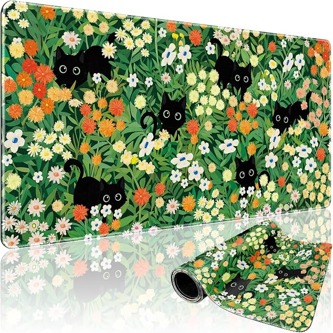 Cute Flower Cat Large Gaming Mouse Pad 31.5"x15.7", Flower XXL Desk Mat by Mcapirivo