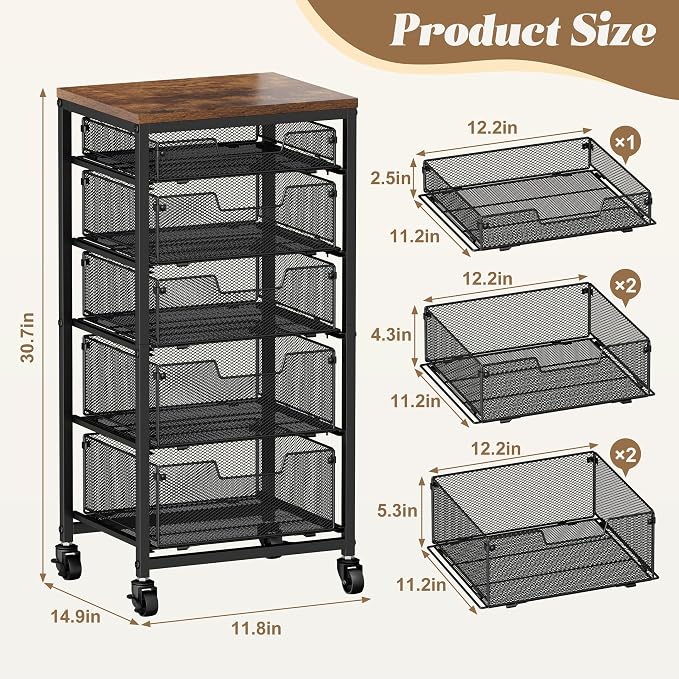 Rolling Cart with Drawers, 5-Drawer Storage Cart on Wheels with Vintage Wooden - Image 2